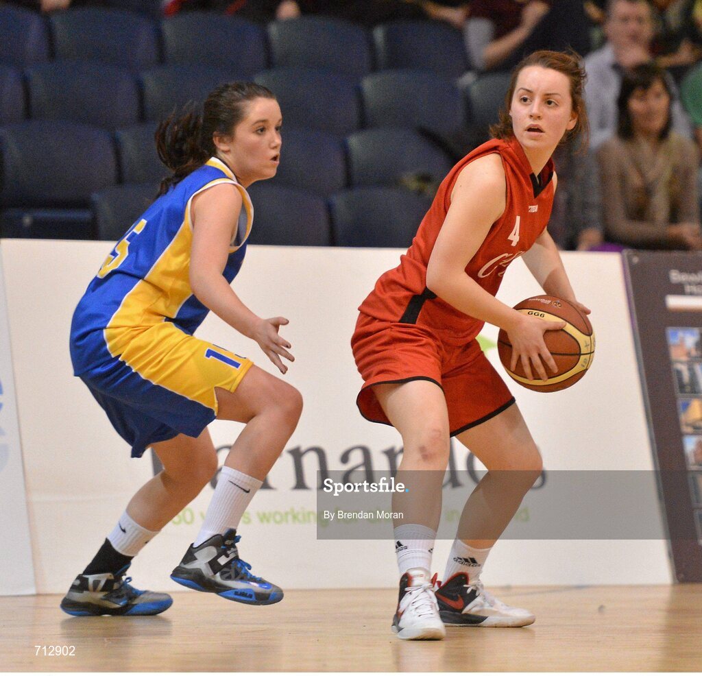 24 January 2013; Maeve O'Riordan, Glanmire Community School, in action against Eimear Lafferty, St. Patrick’s Academy Dungannon. All-Ireland Schools Cup U16B Girls Final, St. Patrick’s Academy Dungannon, Tyrone v Glanmire Community School, Cork, National Basketball Arena, Tallaght, Dublin. Picture credit: Brendan Moran / SPORTSFILE