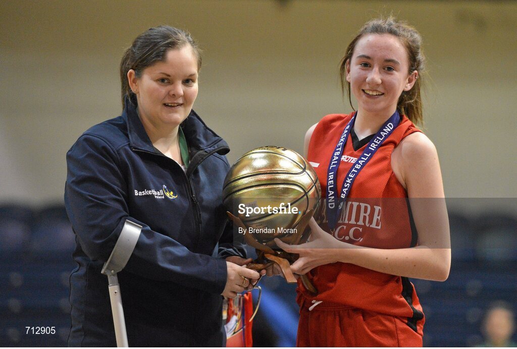 24 January 2013; Holly Herlihy, Glanmire Community School, is presented with the MVP by Louise O'Loughlin, Competitions Officer, Basketball Ireland. All-Ireland Schools Cup U16B Girls Final, St. Patrick’s Academy Dungannon, Tyrone v Glanmire Community School, Cork, National Basketball Arena, Tallaght, Dublin. Picture credit: Brendan Moran / SPORTSFILE