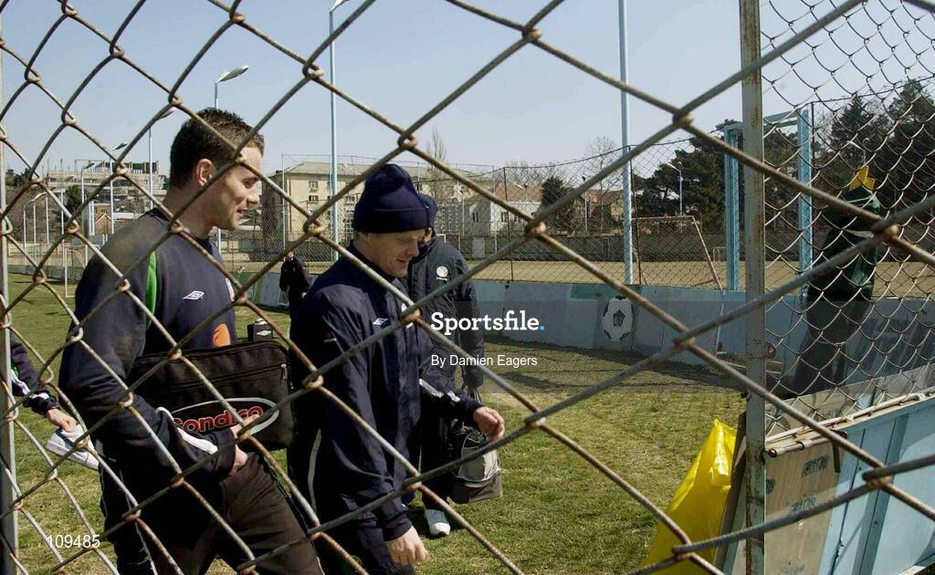 31 March 2003; Shay Given and Damien Duff leave the ground after Republic of Ireland training. Tbilisi, Georgia. Picture credit; Damien Eagers / SPORTSFILE *EDI*