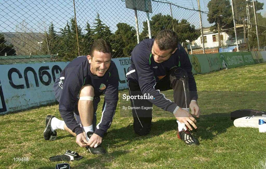 31 March 2003; Mark Kinsella and Shay Given tie their laces before Republic of Ireland training. Tbilisi, Georgia. Picture credit; Damien Eagers / SPORTSFILE *EDI*