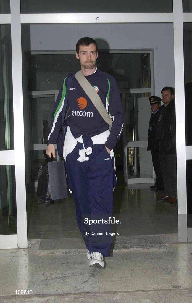 31 March 2003; Gary Breen, Republic of Ireland, is pictured on his arrival in Aerponti Rinas, Tirana, Albania. Picture credit; Damien Eagers / SPORTSFILE *EDI*