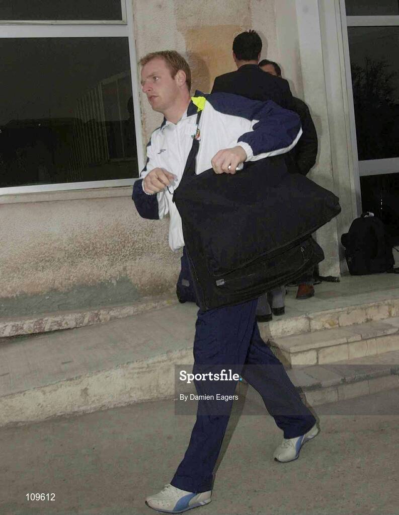 31 March 2003; Gary Doherty, Republic of Ireland, is pictured on his arrival in Aerponti Rinas, Tirana, Albania. Picture credit; Damien Eagers / SPORTSFILE *EDI*