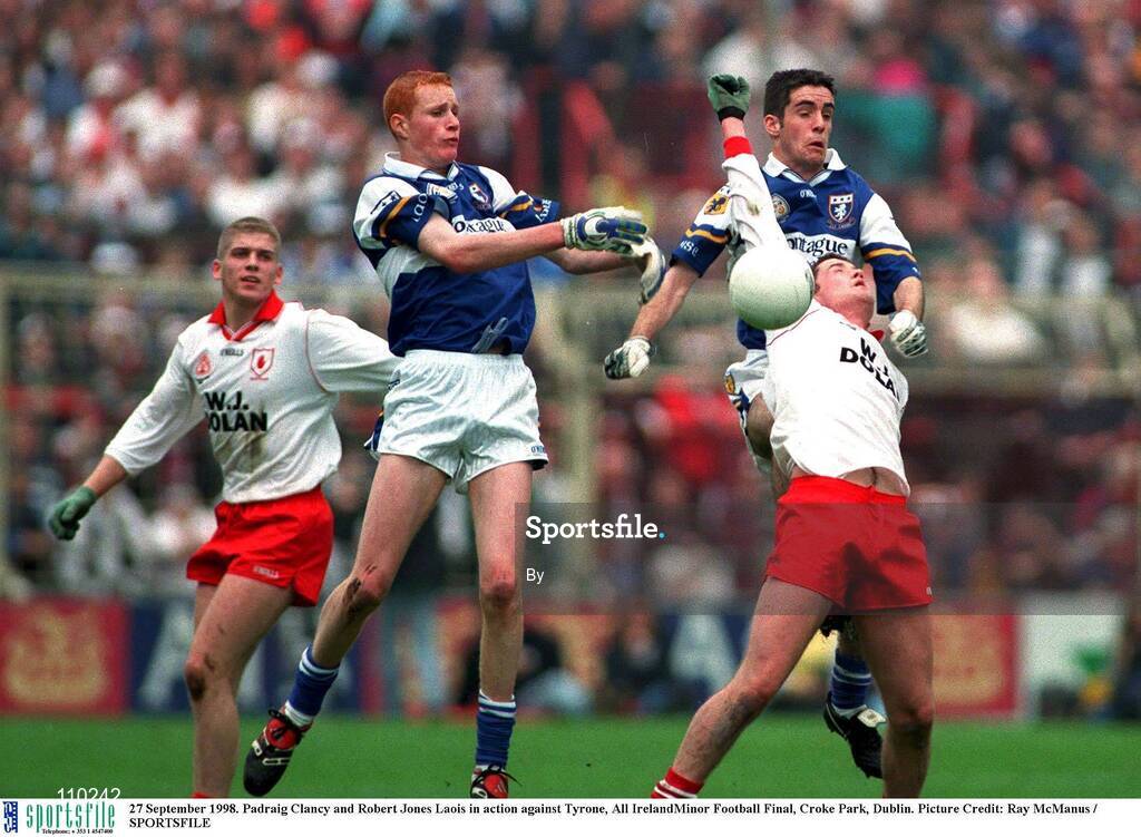 27 September 1998. Padraig Clancy and Robert Jones Laois in action against Tyrone, All IrelandMinor Football Final, Croke Park, Dublin. Picture Credit: Ray McManus / SPORTSFILE