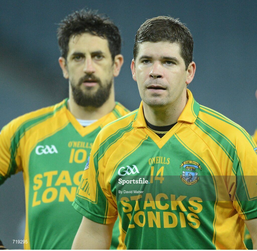 9 February 2013; Eamonn Fitzmaurice, Finuge, and Kerry senior manager, right, and Paul Galvin, Finuge, before the start of the game against Cookstown Fr. Rocks. AIB GAA Football All-Ireland Intermediate Club Championship Final, Cookstown Fr. Rocks v Finuge, Croke Park, Dublin. Picture credit: David Maher / SPORTSFILE