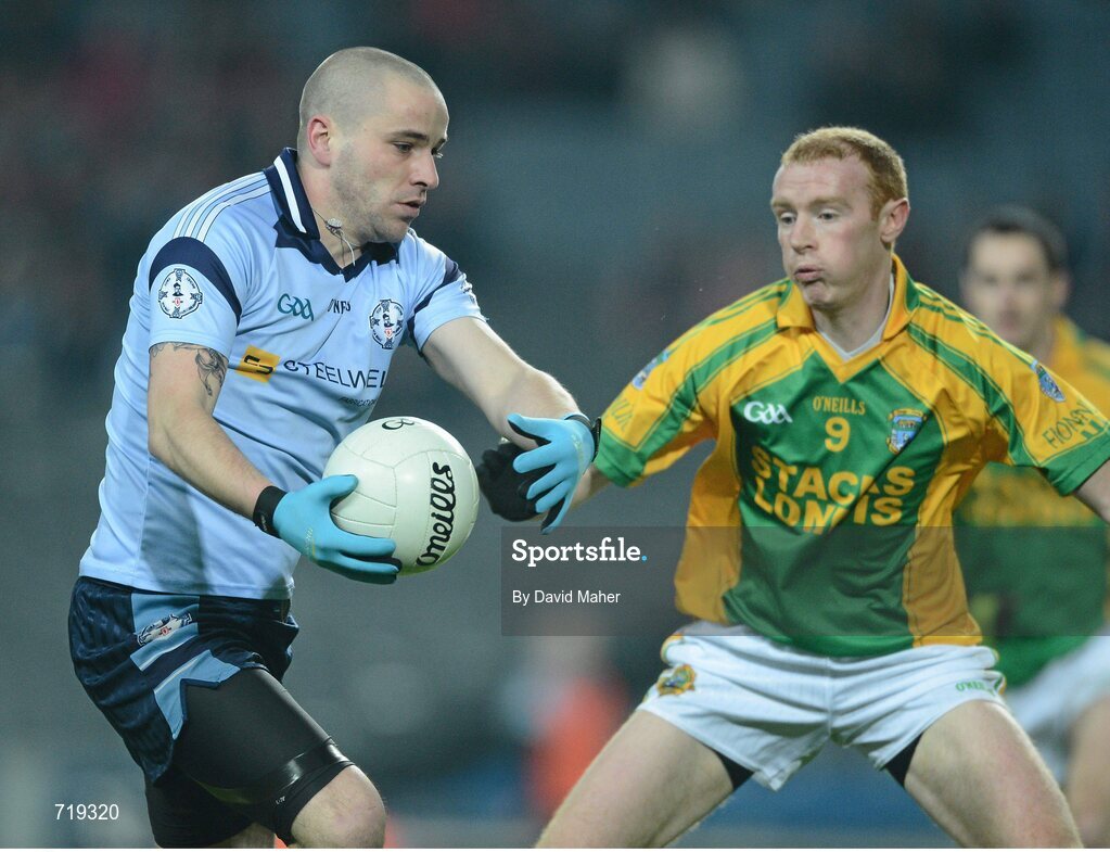 9 February 2013; Conor Mullan, Finuge, in action against Maurice Corridan, Cookstown Fr. Rocks. AIB GAA Football All-Ireland Intermediate Club Championship Final, Cookstown Fr. Rocks v Finuge, Croke Park, Dublin. Picture credit: David Maher / SPORTSFILE