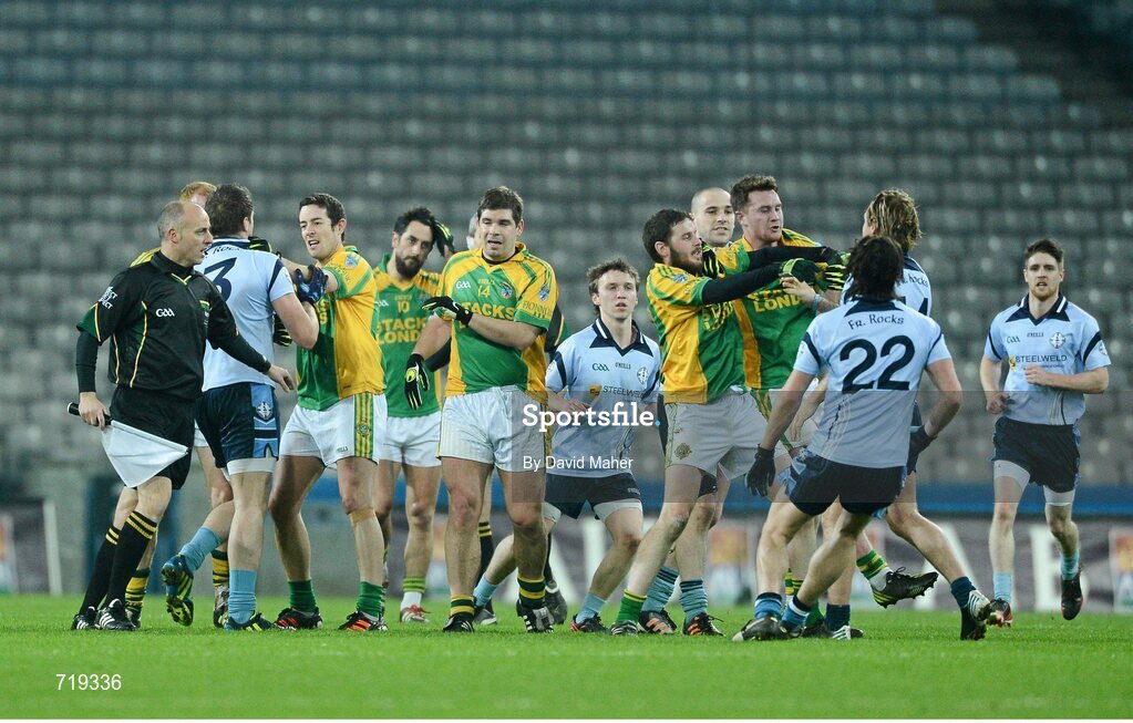 9 February 2013; Players from both Finuge and Cookstown Fr. Rocks confront each other during the first half of the AIB GAA Football All-Ireland Intermediate Club Championship Final match between Cookstown Fr. Rocks and Finuge at Croke Park in Dublin. Photo by David Maher/Sportsfile
