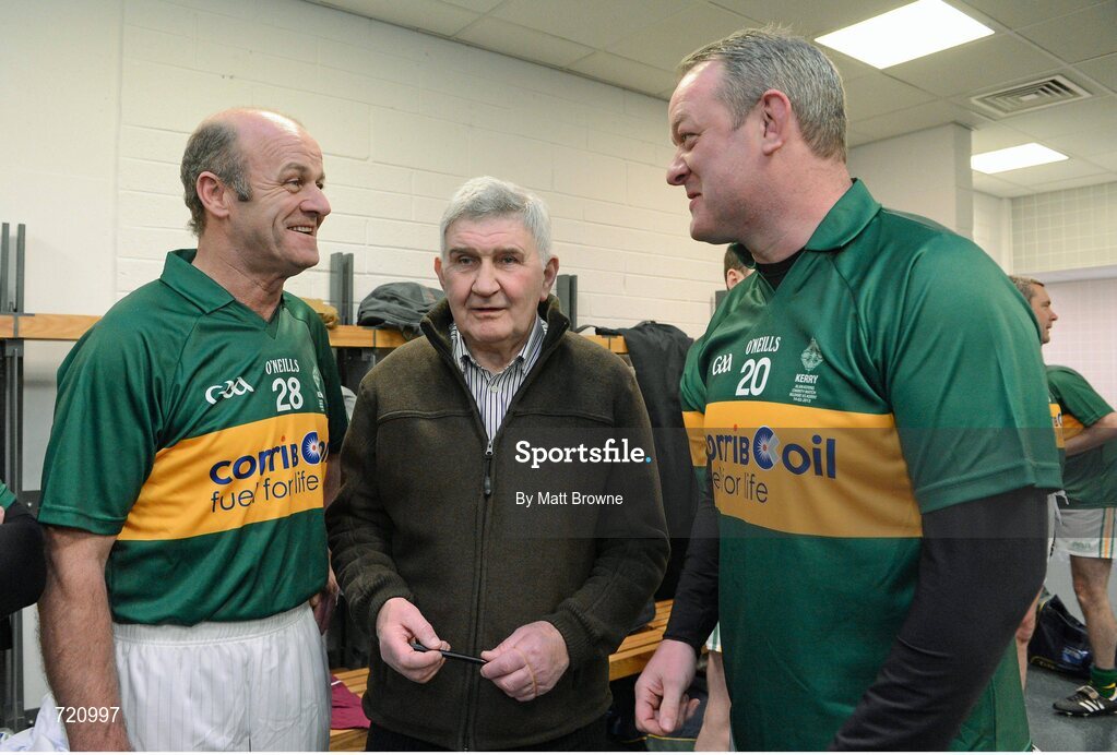 14 February 2013; Pictured is, former Kerry, and current Clare football  manager Mick O'Dwyer, centre, with  Jack O'Shea, left, and Mick Galwey at the Alan Kerins GAA Challenge, supported by Liberty Insurance, which took place in Croke Park on Valentine's Day. For more information visit alankerinsprojects.org. Croke Park, Dublin. Picture credit: Matt Browne / SPORTSFILE