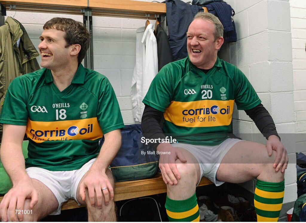 14 February 2013; Pictured is former Kerry footballer Mick Galwey, right, and Ivor Buckley at the Alan Kerins GAA Challenge, supported by Liberty Insurance, which took place in Croke Park on Valentine's Day. For more information visit alankerinsprojects.org. Croke Park, Dublin. Picture credit: Matt Browne / SPORTSFILE