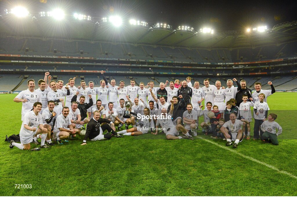 14 February 2013; Roz Purcell lifts the Alan Kerins Projects Cup as her team-mates celebrate after the Alan Kerins GAA Challenge, supported by Liberty Insurance, which took place in Croke Park on Valentine's Day. For more information visit alankerinsprojects.org. Croke Park, Dublin. Picture credit: Matt Browne / SPORTSFILE