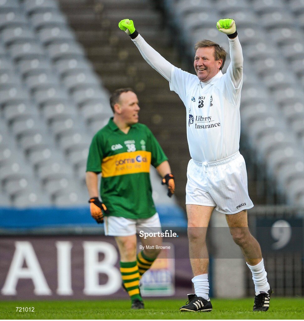 14 February 2013; Pictured is captain Ronnie Whelan, lining out for Kildare, celebrating after scoring a point against Kerry at the Alan Kerins GAA Challenge, supported by Liberty Insurance, which took place in Croke Park on Valentine's Day. For more information visit alankerinsprojects.org. Croke Park, Dublin. Picture credit: Matt Browne / SPORTSFILE