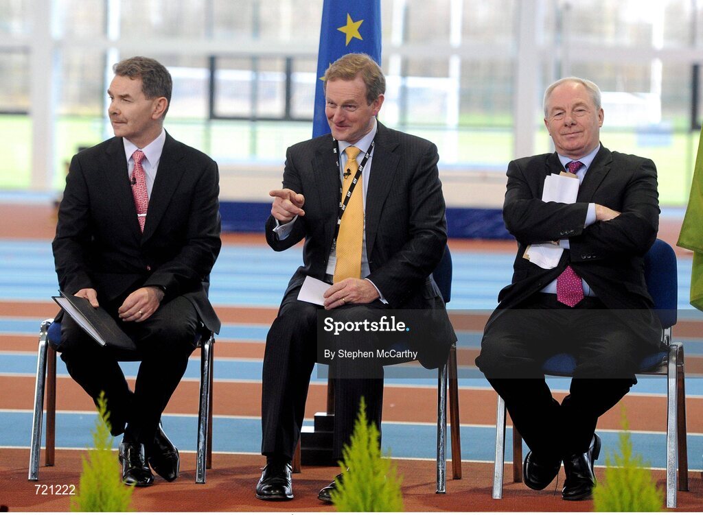 15 February 2013; An Taoiseach Enda Kenny T.D., in the company of Professor Ciarán Ó Catháin, President of AIT and also President of Athletics Ireland, left, and Minister of State with Responsibility for Tourism and Sport Michael Ring T.D., right, at the official opening of the Athlone Institute of Technology International Arena. Athlone Institute of Technology International Arena, Athlone, Co. Westmeath. Picture credit: Stephen McCarthy / SPORTSFILE