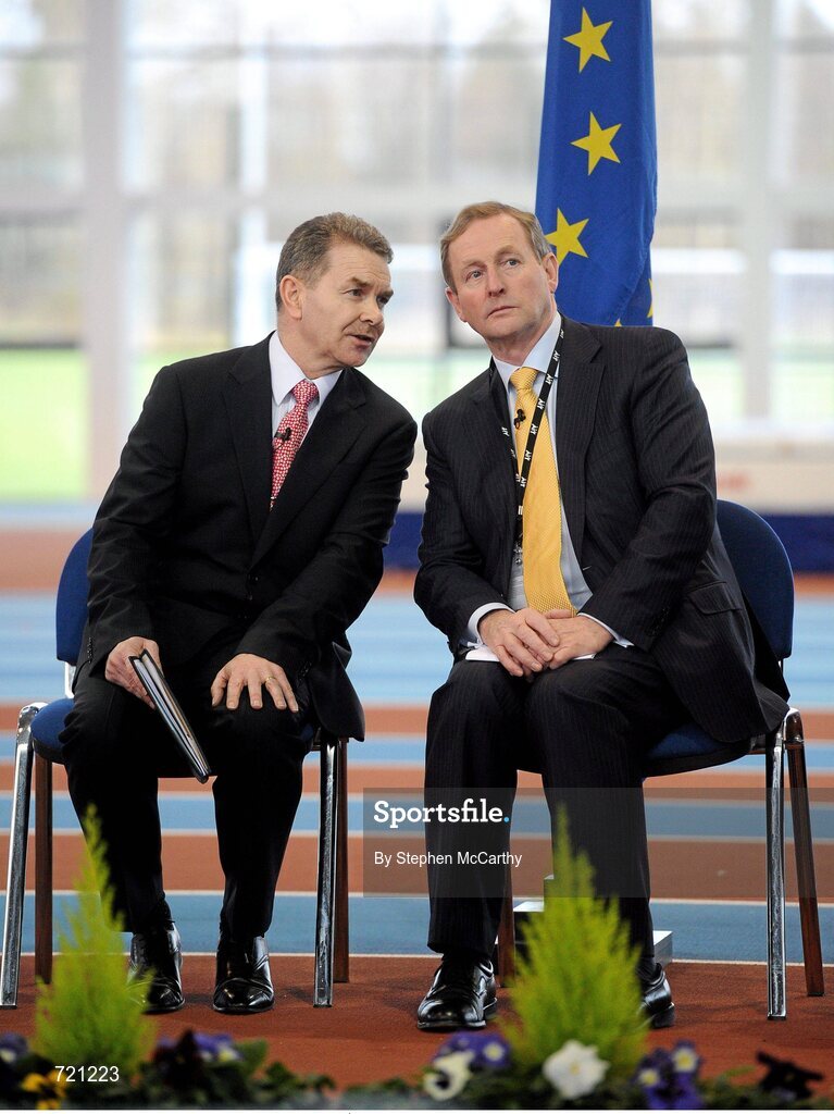 15 February 2013; An Taoiseach Enda Kenny T.D. and Professor Ciarán Ó Catháin, President of AIT and also President of Athletics Ireland, left, at the official opening of the Athlone Institute of Technology International Arena. Athlone Institute of Technology International Arena, Athlone, Co. Westmeath. Picture credit: Stephen McCarthy / SPORTSFILE