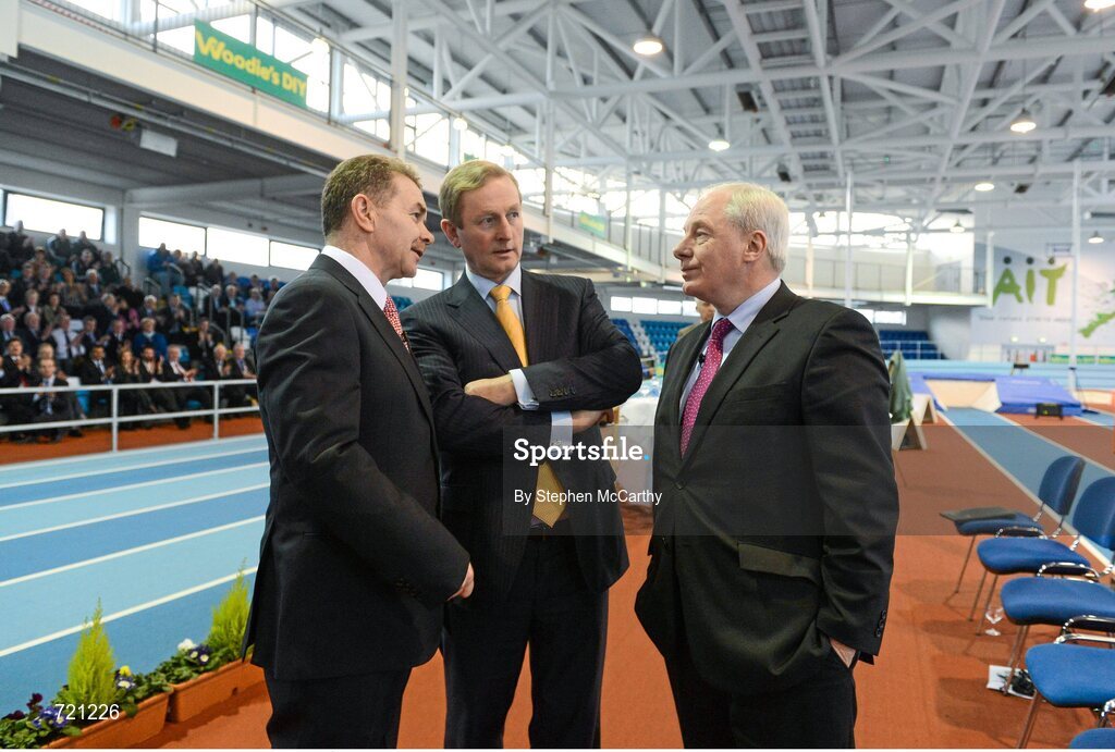 15 February 2013; An Taoiseach Enda Kenny T.D., in the company of Professor Ciarán Ó Catháin, President of AIT and also President of Athletics Ireland, left, and Minister of State with Responsibility for Tourism and Sport Michael Ring T.D., right, at the official opening of the Athlone Institute of Technology International Arena. Athlone Institute of Technology International Arena, Athlone, Co. Westmeath. Picture credit: Stephen McCarthy / SPORTSFILE