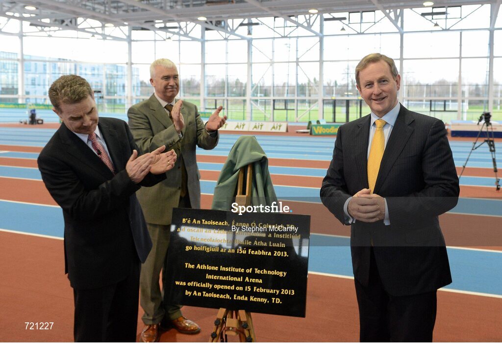 15 February 2013; An Taoiseach Enda Kenny T.D. and Professor Ciarán Ó Catháin, President of AIT and also President of Athletics Ireland, left, at the official opening of the Athlone Institute of Technology International Arena. Athlone Institute of Technology International Arena, Athlone, Co. Westmeath. Picture credit: Stephen McCarthy / SPORTSFILE