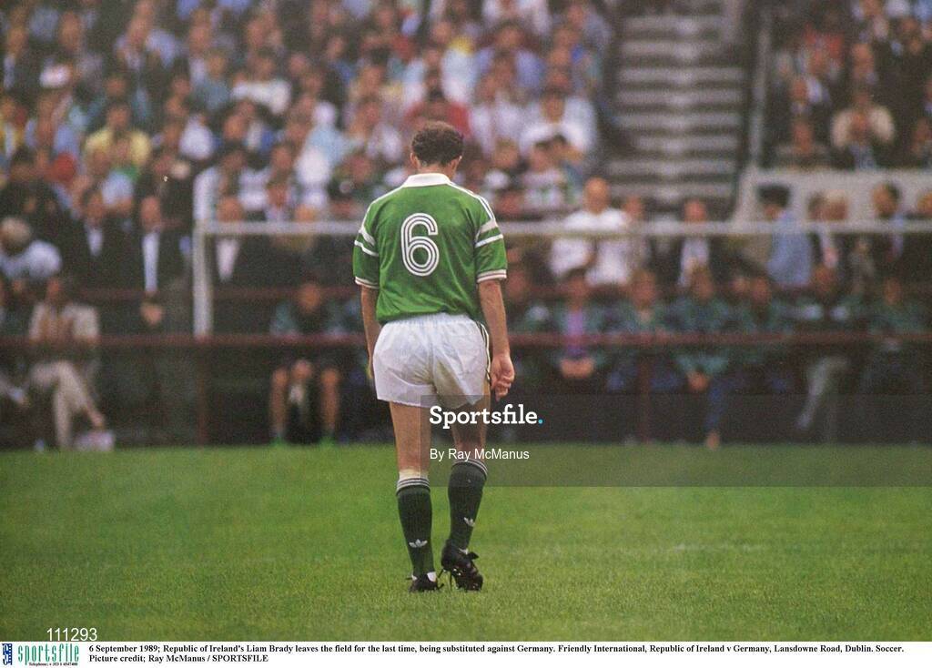 6 September 1989; Republic of Ireland's Liam Brady leaves the field for the last time, being substituted against Germany. Friendly International, Republic of Ireland v Germany, Lansdowne Road, Dublin. Picture credit; Ray McManus / SPORTSFILE