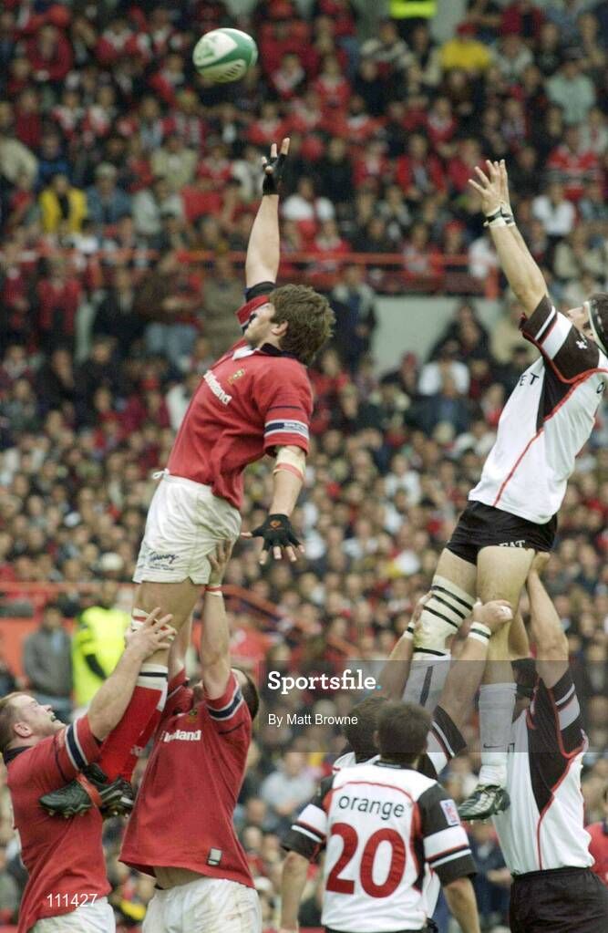 26 April 2003; Donnacha O'Callaghan, Munster, takes the ball in the lineout from Jean Bouilhou, Toulouse. Heineken European Cup Semi Final, Toulouse v Munster, Le Stadium de Toulouse, Toulouse, France. Rugby. Picture credit; Matt Browne / SPORTSFILE *EDI*