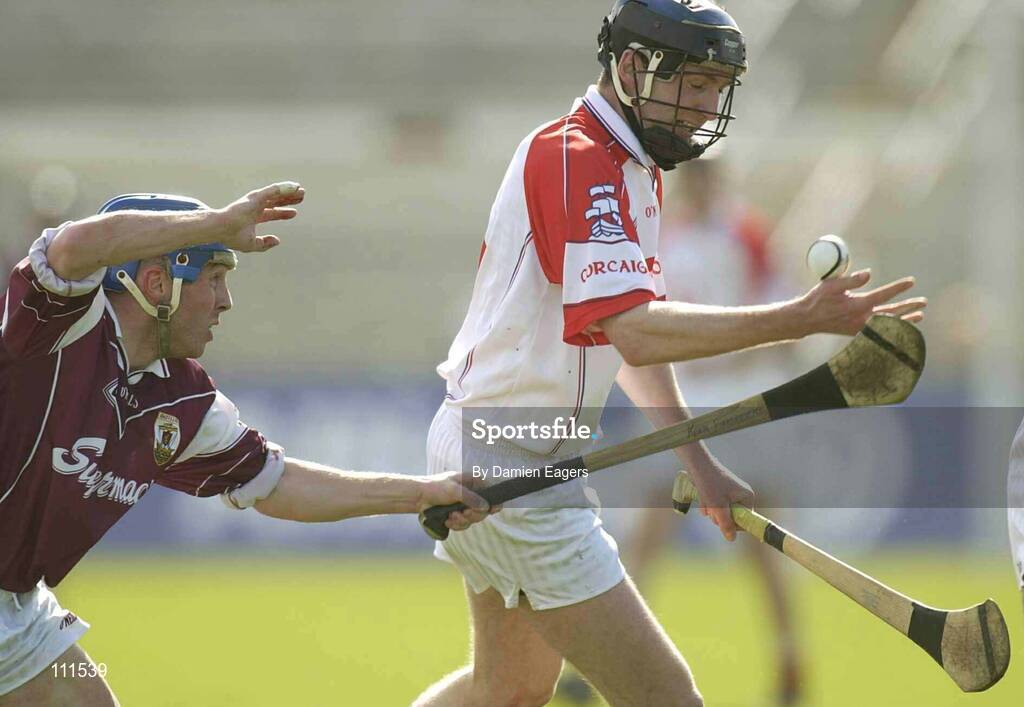 27 April 2003; Kevin Broderick, Galway, in action against Cork's Tom Kenny. Allianz National Hurling League, Division 1, Galway v Cork, Pearse Stadium, Galway. Picture credit; Damien Eagers / SPORTSFILE *EDI*