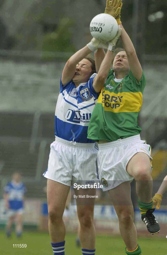 27 April 2003; Caroline Kelly, Kerry, is tackled by Laois' Sarah Cuddy. Suzuki Ladies National Football League, Division 1 Final, Laois v Kerry, Cusack Park, Ennis. Picture credit; Matt Browne / SPORTSFILE *EDI*