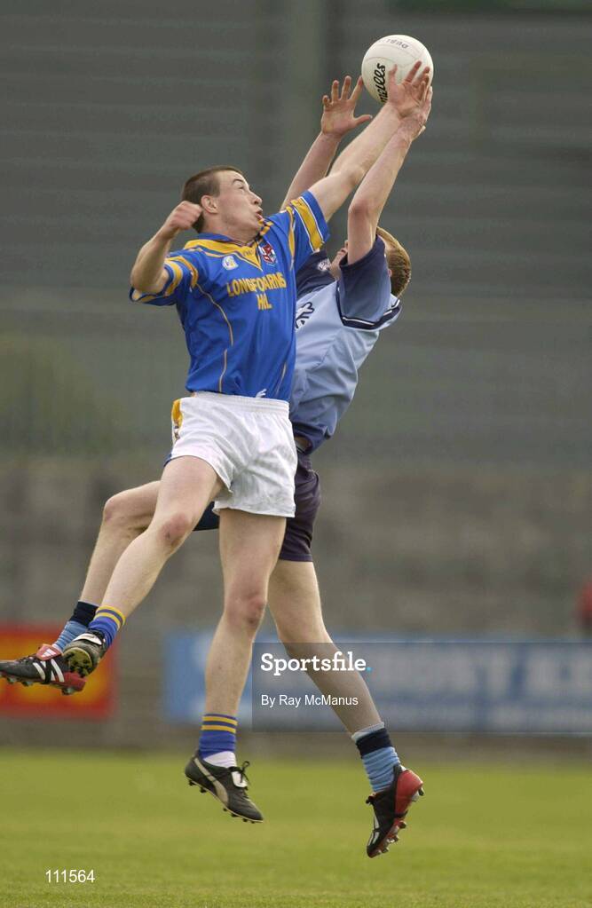 27 April 2003; Derek Smyth, Longford, in action against Dublin's Pdraig Brennan. Leinster U-21 Football Final, Dublin v Longford, Cusack Park, Mullingar, Co. Westmeath. Football. Picture credit; Ray McManus / SPORTSFILE *EDI*
