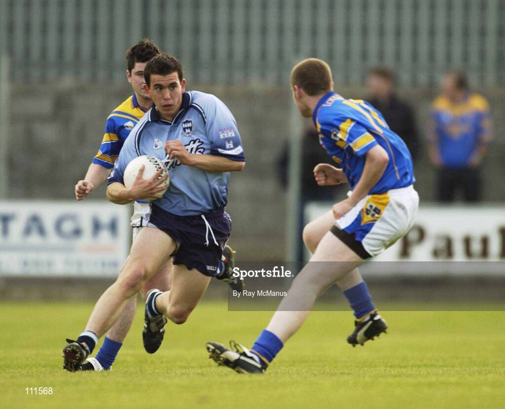 27 April 2003; Mark Fitzpatrick, Dublin, in action against Longford's  Glen Kelly. Leinster U-21 Football Final, Dublin v Longford, Cusack Park, Mullingar, Co. Westmeath. Football. Picture credit; Ray McManus / SPORTSFILE *EDI*