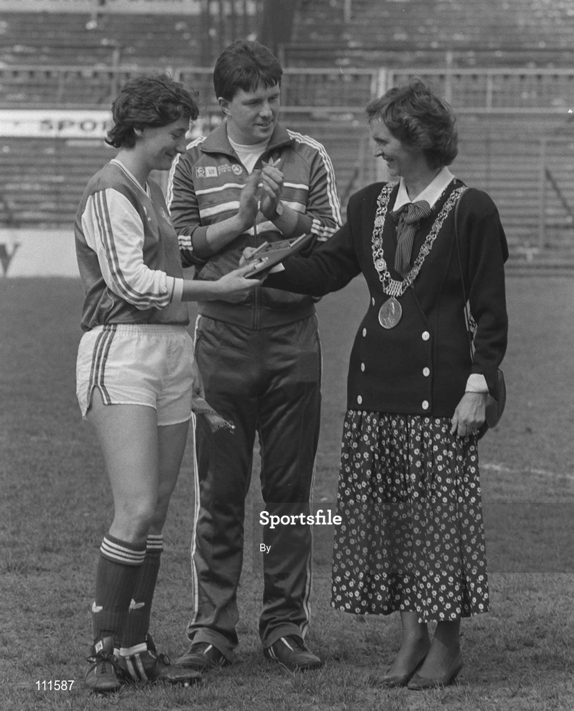 7 May 1988; The Lord Mayor of Dublin Carmencita Hederman is introduced to the Irish captain Marian Leahy and manager Fran Rooney. UEFA Championship, Republic of Ireland v Sweden, Dalymount Park, Dublin. Soccer. Picture credit; Ray McManus / SPORTSFILE