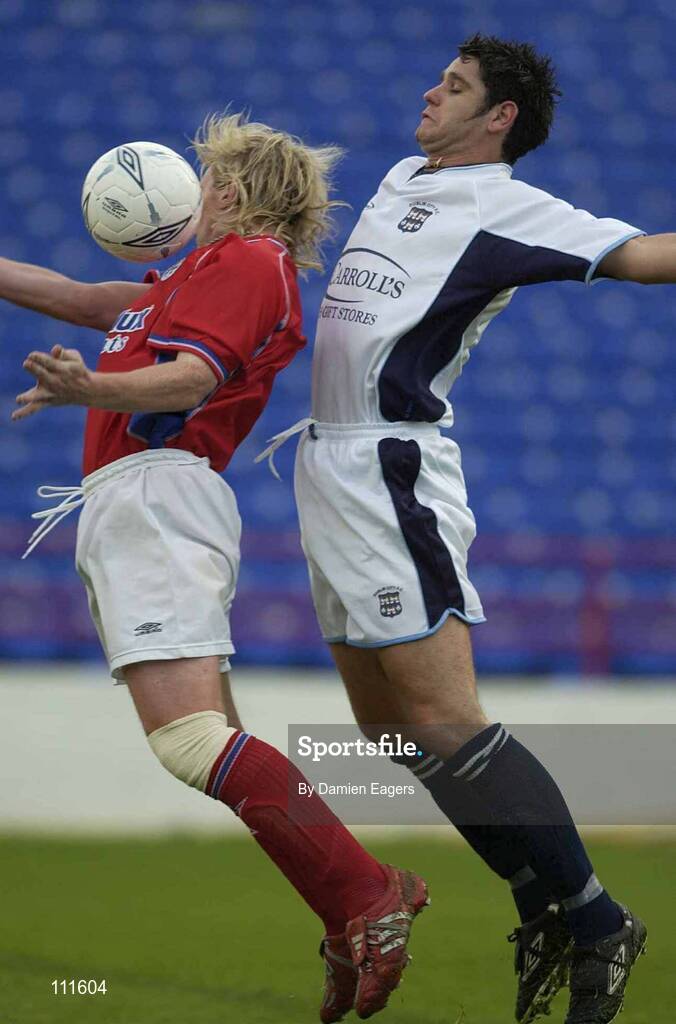 28 April 2003; Dessie Baker, Shelbourne, in action against Dublin City's Thomas McGauley. eircom League Cup Group 7, Shelbourne v Dublin City, Tolka Park, Dublin. Soccer. Picture credit; Damien Eagers / SPORTSFILE *EDI*