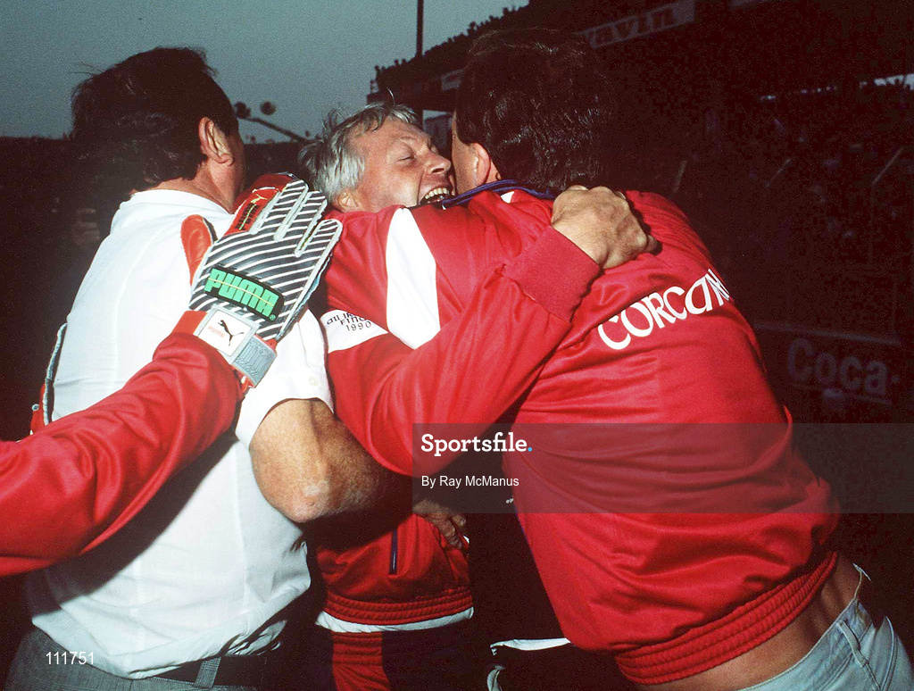 16 September 1990; Cork manager Billy Morgan, centre, celebrates at the final whistle of the All-Ireland Senior Football Championship Final match between Cork and Meath at Croke Park in Dublin. Photo by Ray McManus/Sportsfile