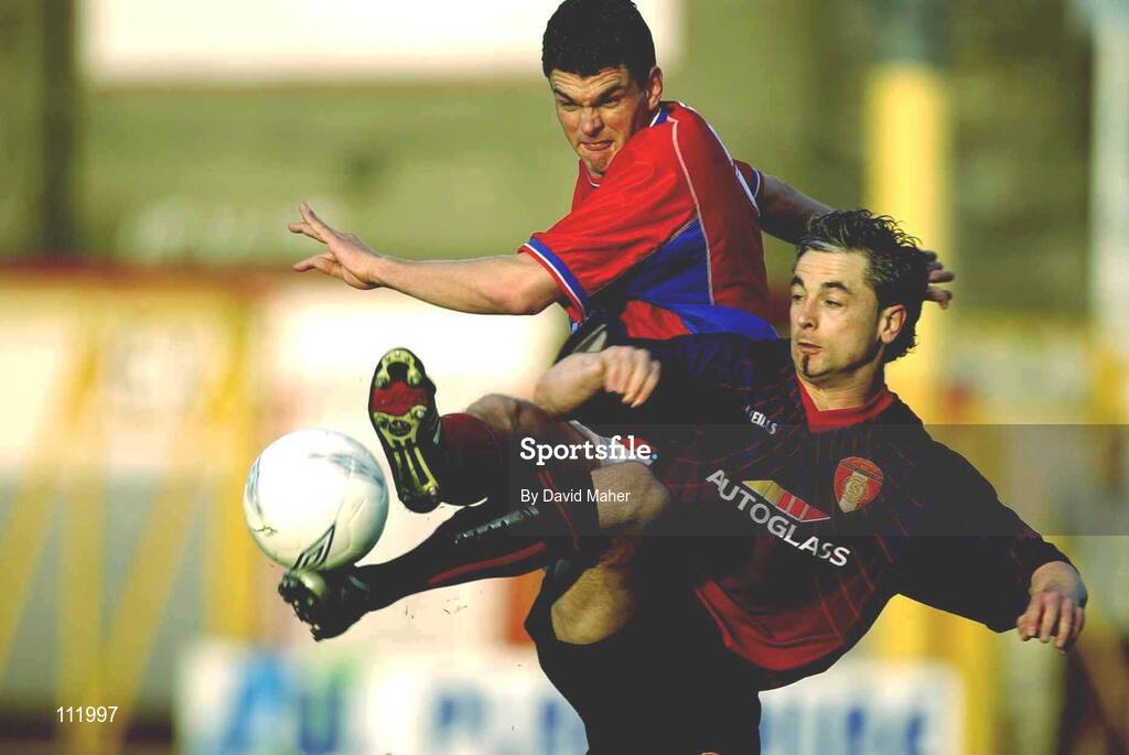 2 May 2003;  Kevin Doherty, Shelbourne, in action against Tony Bird, St. Patricks Athletic. eircom League, Premier Division, Shelbourne v St. Patricks Athletic, Tolka Park, Dublin. Soccer. Picture credit; David Maher / SPORTSFILE *EDI*