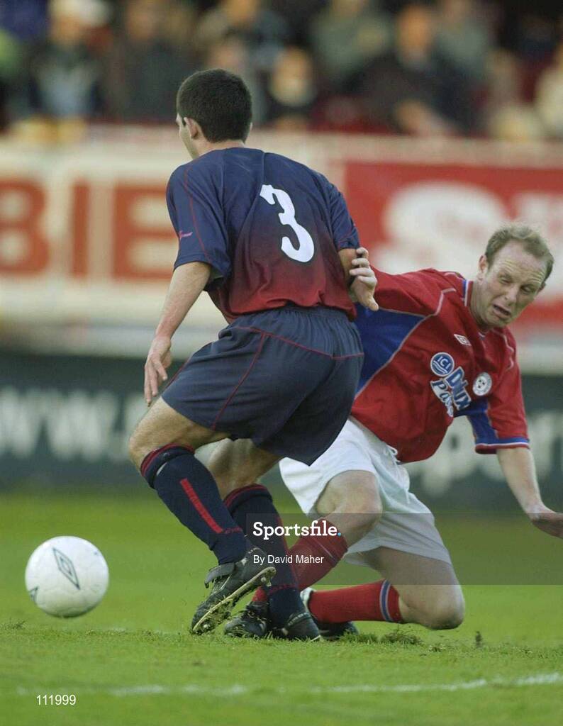 2 May 2003; Thomas Morgan, Shelbourne, in action against Paul Donnelly, St. Patricks Athletic. eircom League, Premier Division, Shelbourne v St. Patricks Athletic, Tolka Park, Dublin. Soccer. Picture credit; David Maher / SPORTSFILE *EDI*