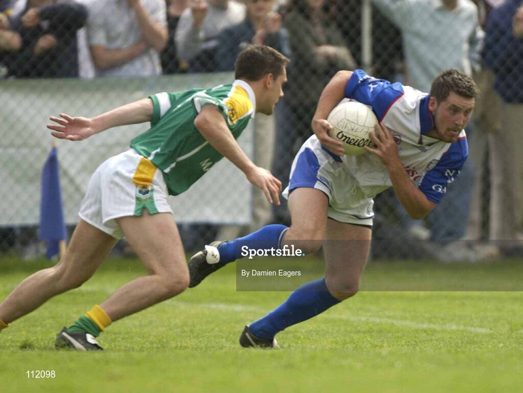 4 May 2003; Eddie O'Reilly, New York, in action against Leitrim's James Phelan. Bank of Ireland Connacht Senior Football Championship, New York v Leitrim, Gaelic Park, New York, USA.. Picture credit; Damien Eagers / SPORTSFILE *EDI*