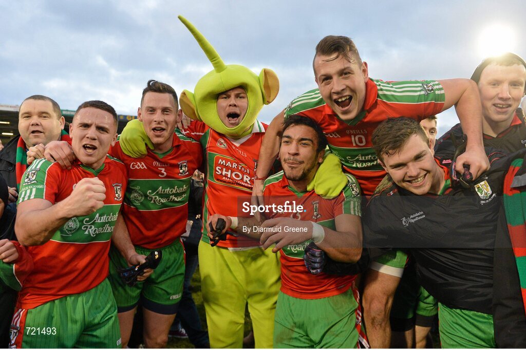 16 February 2013; Ballymun Kickhams supporter Daragh Joyce celebrates with players after victory over Dr. Crokes. AIB GAA Football All-Ireland Senior Club Championship, Semi-Final, St Brigid’s, Dr. Crokes, Kerry v Ballymun Kickhams, Dublin, Semple Stadium, Thurles, Co. Tipperary. Picture credit: Diarmuid Greene / SPORTSFILE