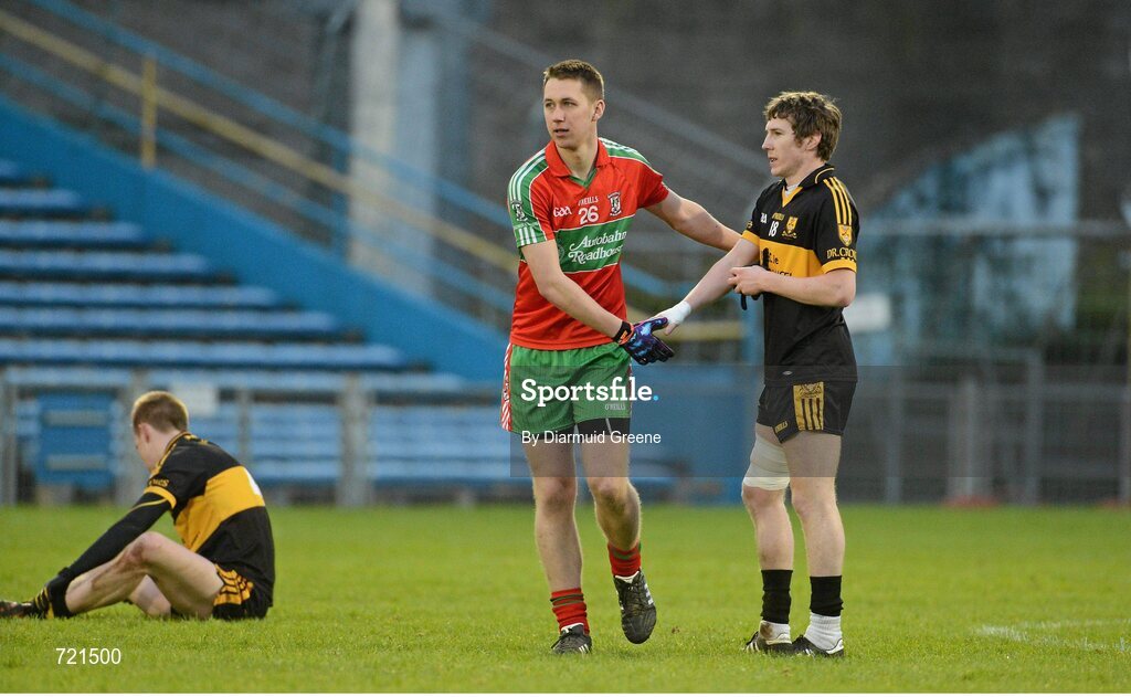 16 February 2013; Andrew O'Brien, Ballymun Kickhams, exchanges a handshake with David O'Leary, Dr. Crokes, at the final whistle. AIB GAA Football All-Ireland Senior Club Championship, Semi-Final, St Brigid’s, Dr. Crokes, Kerry v Ballymun Kickhams, Dublin, Semple Stadium, Thurles, Co. Tipperary. Picture credit: Diarmuid Greene / SPORTSFILE