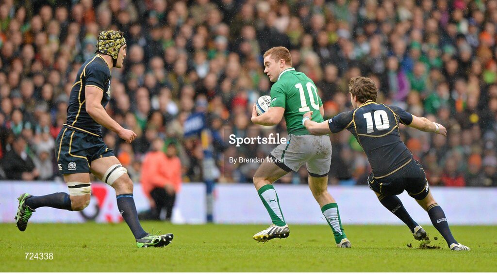 24 February 2013; Paddy Jackson, Ireland, throws a dummy to Ruaridh Jackson, Scotland. RBS Six Nations Rugby Championship, Scotland v Ireland, Murrayfield Stadium, Edinburgh, Scotland. Picture credit: Brendan Moran / SPORTSFILE