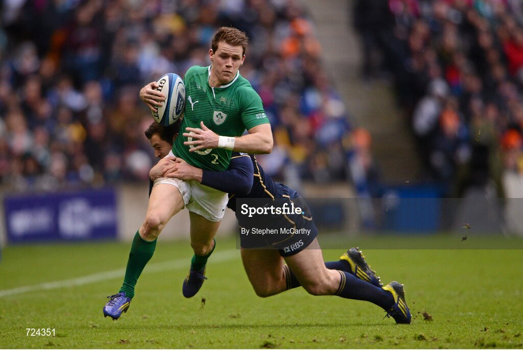 24 February 2013; Craig Gilroy, Ireland, is tackled by Tim Visser, Scotland. RBS Six Nations Rugby Championship, Scotland v Ireland, Murrayfield Stadium, Edinburgh, Scotland. Picture credit: Stephen McCarthy / SPORTSFILE