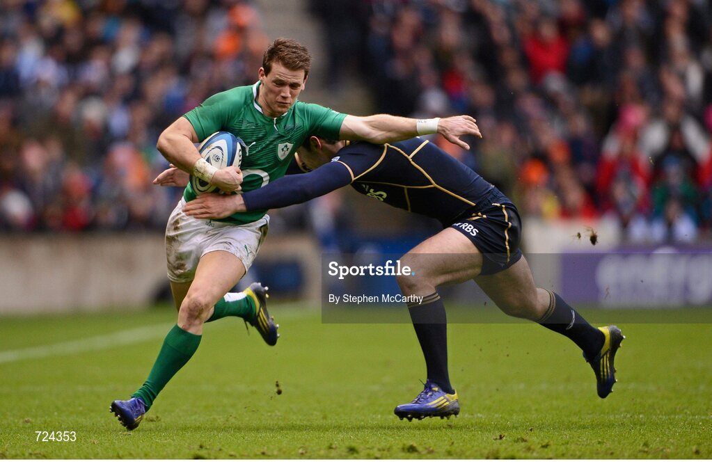 24 February 2013; Craig Gilroy, Ireland, is tackled by Tim Visser, Scotland. RBS Six Nations Rugby Championship, Scotland v Ireland, Murrayfield Stadium, Edinburgh, Scotland. Picture credit: Stephen McCarthy / SPORTSFILE