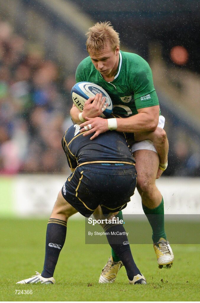 24 February 2013; Luke Marshall, Ireland, is tackled by Ruaridh Jackson, Scotland. RBS Six Nations Rugby Championship, Scotland v Ireland, Murrayfield Stadium, Edinburgh, Scotland. Picture credit: Stephen McCarthy / SPORTSFILE