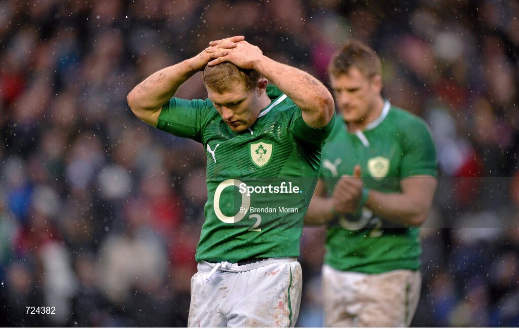 24 February 2013; A dejected Keith Earls and captain Jamie Heaslip, Ireland, leave the pitch after defeat by Scotland. RBS Six Nations Rugby Championship, Scotland v Ireland, Murrayfield Stadium, Edinburgh, Scotland. Picture credit: Brendan Moran / SPORTSFILE