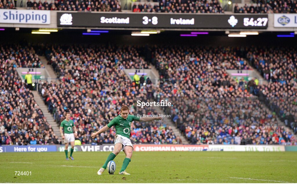 24 February 2013; Paddy Jackson, Ireland, kicks a penalty, which he subsequently missed, when his side were leading 8-3 during the second half. RBS Six Nations Rugby Championship, Scotland v Ireland, Murrayfield Stadium, Edinburgh, Scotland. Picture credit: Brendan Moran / SPORTSFILE