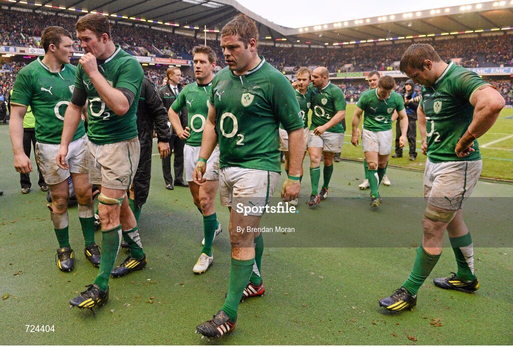 24 February 2013; Ireland players, from left, Peter O'Mahony, Donnacha Ryan, Ronan O'Gara, Mike Ross, Luke Marshall, Rory Best, Brian O'Driscoll and Sean O'Brien leave the pitch after defeat by Scotland. RBS Six Nations Rugby Championship, Scotland v Ireland, Murrayfield Stadium, Edinburgh, Scotland. Picture credit: Brendan Moran / SPORTSFILE