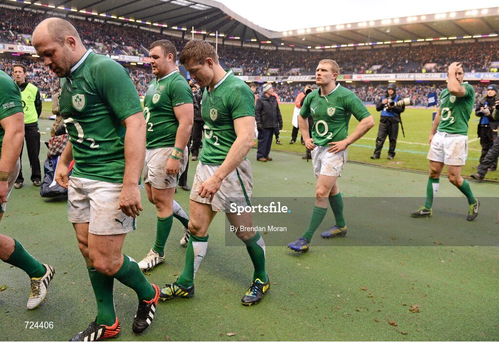 24 February 2013; Ireland players, from left, Rory Best, Dave Kilcoyne, Brian O'Driscoll, Keith Earls and Rob Kerney leave the pitch after defeat by Scotland. RBS Six Nations Rugby Championship, Scotland v Ireland, Murrayfield Stadium, Edinburgh, Scotland. Picture credit: Brendan Moran / SPORTSFILE