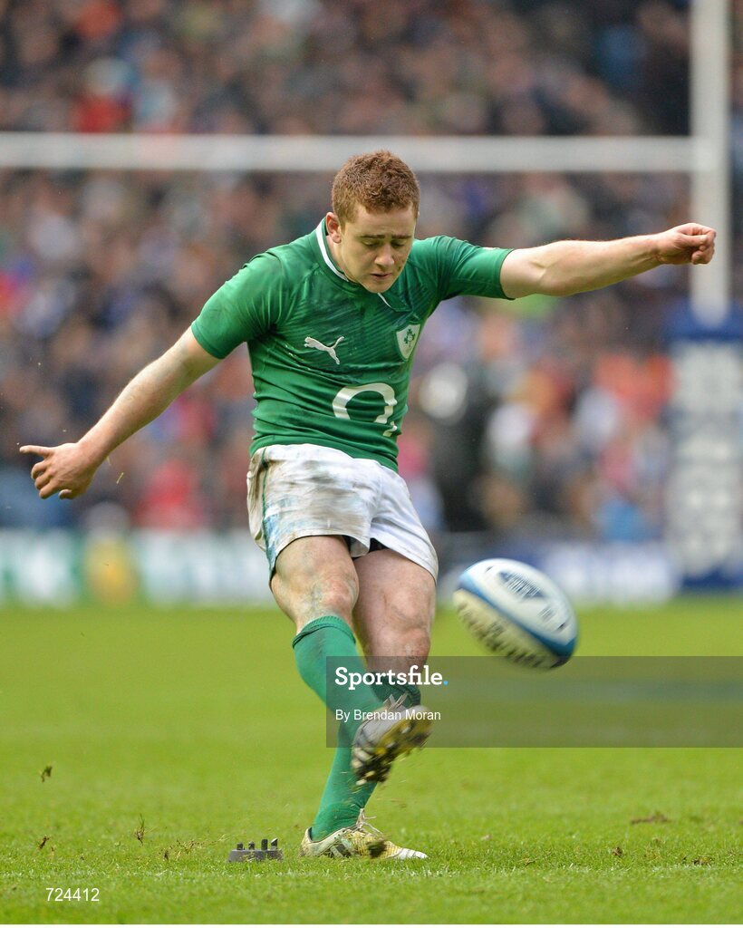 24 February 2013; Paddy Jackson, Ireland, attempts to kick a penalty. RBS Six Nations Rugby Championship, Scotland v Ireland, Murrayfield Stadium, Edinburgh, Scotland. Picture credit: Brendan Moran / SPORTSFILE