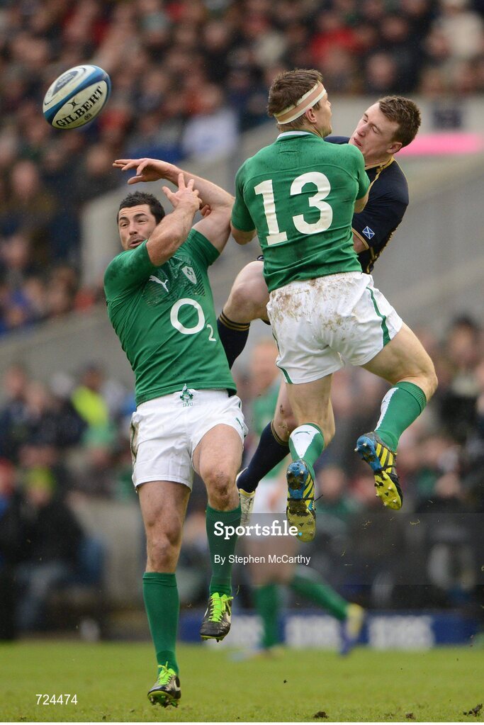 24 February 2013; Rob Kearney, left, and Brian O'Driscoll, Ireland, in action against Stuart Hogg, Scotland. RBS Six Nations Rugby Championship, Scotland v Ireland, Murrayfield Stadium, Edinburgh, Scotland. Picture credit: Stephen McCarthy / SPORTSFILE