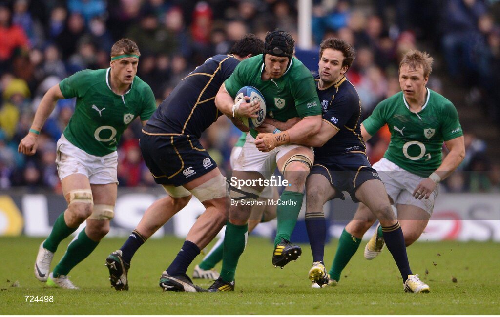 24 February 2013; Sean O'Brien, Ireland, is tackled by Jim Hamilton, left, and Stuart Hogg, Scotland. RBS Six Nations Rugby Championship, Scotland v Ireland, Murrayfield Stadium, Edinburgh, Scotland. Picture credit: Stephen McCarthy / SPORTSFILE