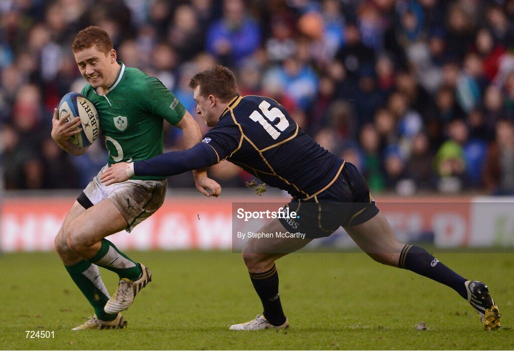 24 February 2013; Paddy Jackson, Ireland, is tackled by Stuart Hogg, Scotland. RBS Six Nations Rugby Championship, Scotland v Ireland, Murrayfield Stadium, Edinburgh, Scotland. Picture credit: Stephen McCarthy / SPORTSFILE