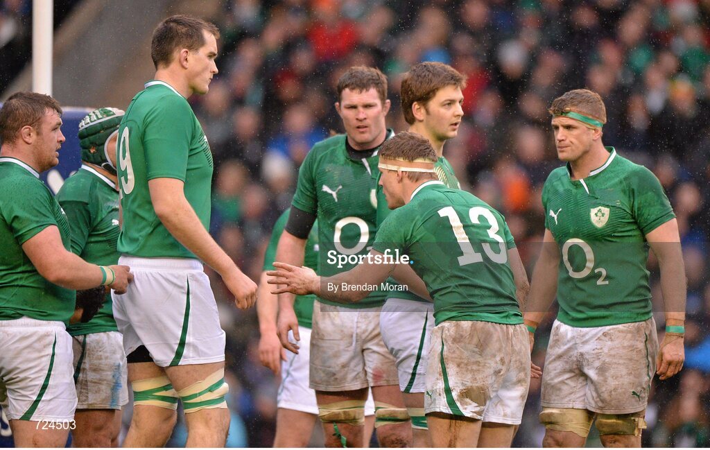 24 February 2013; Brian O'Driscoll, Ireland, has words with his team-mates as they wait for Scotland to take a penalty. RBS Six Nations Rugby Championship, Scotland v Ireland, Murrayfield Stadium, Edinburgh, Scotland. Picture credit: Brendan Moran / SPORTSFILE