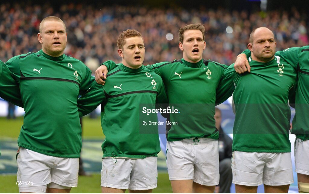 24 February 2013; Ireland players, from left, Tom Court, Paddy Jackson, Craig Gilroy and Rory Best during the national anthems before the game. RBS Six Nations Rugby Championship, Scotland v Ireland, Murrayfield Stadium, Edinburgh, Scotland. Picture credit: Brendan Moran / SPORTSFILE