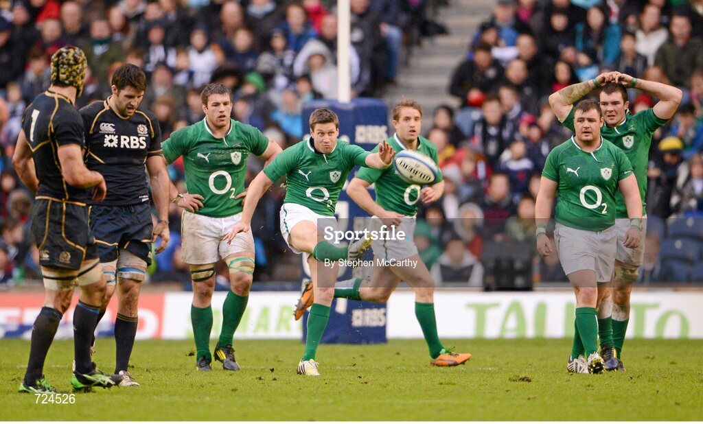 24 February 2013; Ronan O'Gara, Ireland, kicks to touch. RBS Six Nations Rugby Championship, Scotland v Ireland, Murrayfield Stadium, Edinburgh, Scotland. Picture credit: Stephen McCarthy / SPORTSFILE
