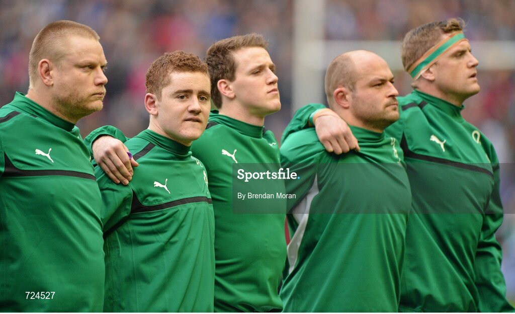 24 February 2013; Ireland's Paddy Jackson stand alongside his team-mates, from left, Tom Court, Craig Gilroy, Rory Best and captain Jmaie Heaslip. RBS Six Nations Rugby Championship, Scotland v Ireland, Murrayfield Stadium, Edinburgh, Scotland. Picture credit: Brendan Moran / SPORTSFILE