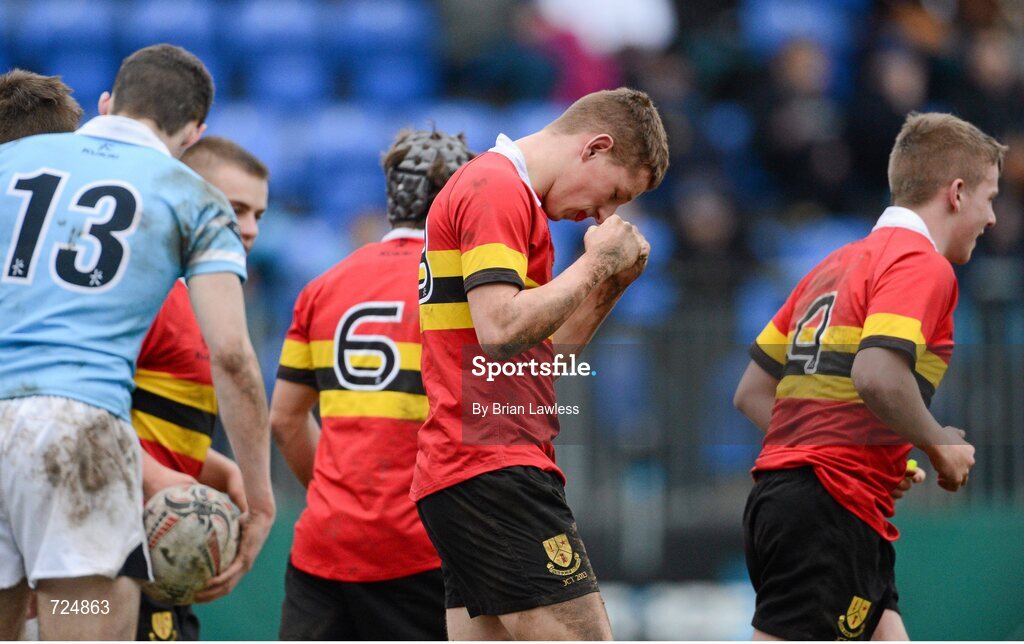 26 February 2013; Dan Casey, CBC Monkstown, celebrates after scoring his side's first try. Powerade Leinster Schools Junior Cup, Quarter-Final, St. Michael’s College v CBC Monkstown, Donnybrook Stadium, Donnybrook, Dublin. Picture credit: Brian Lawless / SPORTSFILE