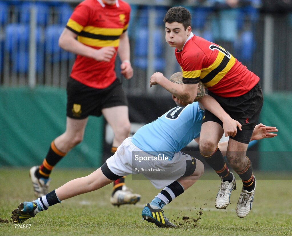 26 February 2013; Patrick Rogers, CBC Monkstown, is tackled by Harry Byrne, St. Michael’s College. Powerade Leinster Schools Junior Cup, Quarter-Final, St. Michael’s College v CBC Monkstown, Donnybrook Stadium, Donnybrook, Dublin. Picture credit: Brian Lawless / SPORTSFILE